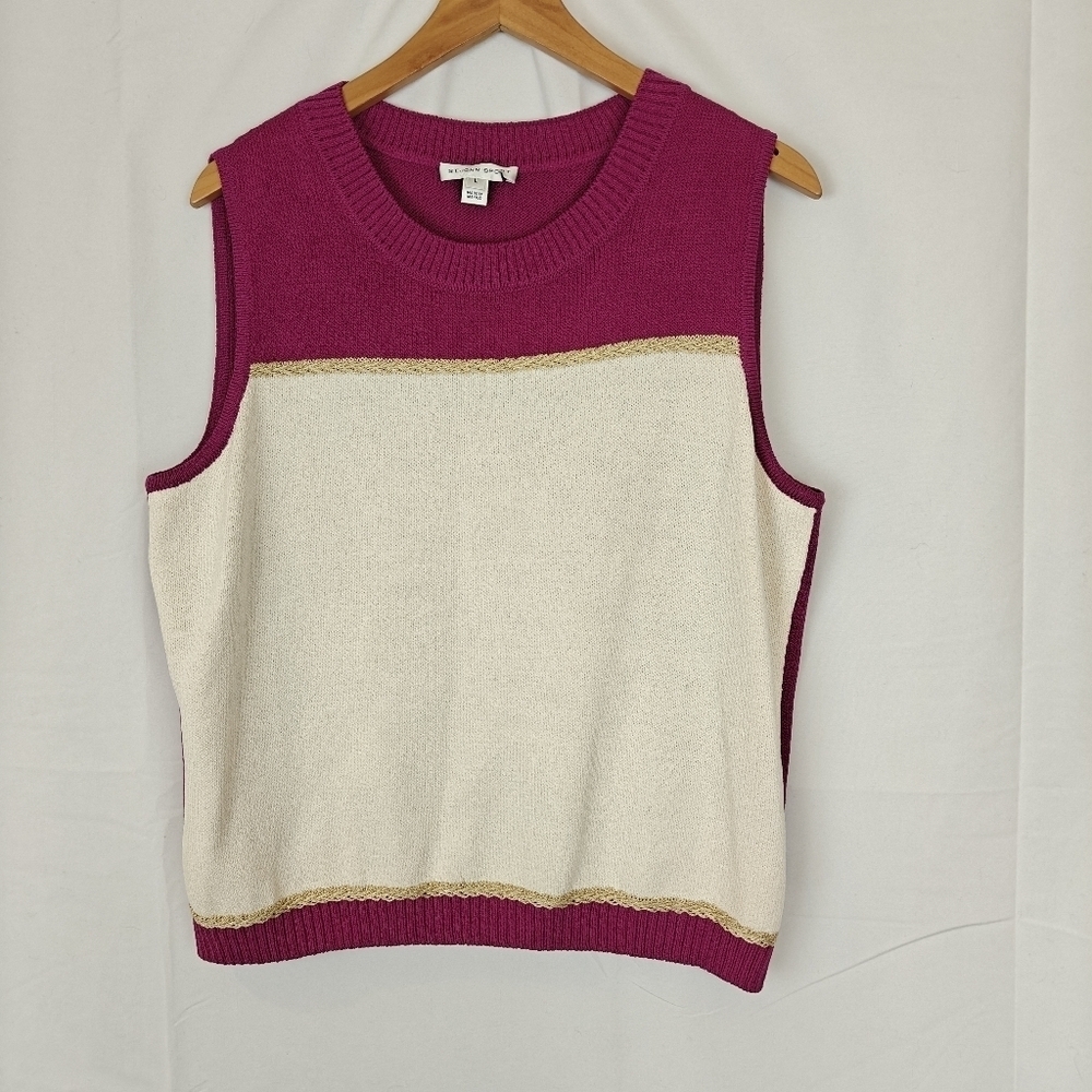 St. John Sport Magenta Cream Gold Color block Wool Knit Tank Size Large Women's